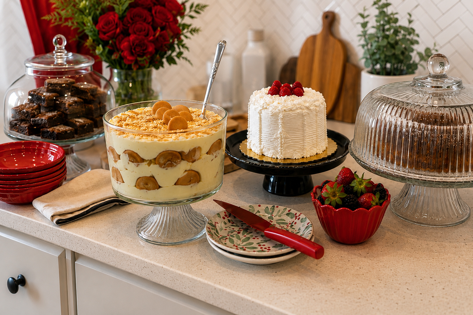 Dessert table with banana pudding trifle, layer cake, and brownies